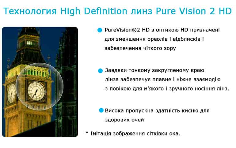 Контактні лінзи Bausch + Lomb PureVision®2 HD забезпечують:- Виняткову якість зображення з оптикою високої чіткості. 